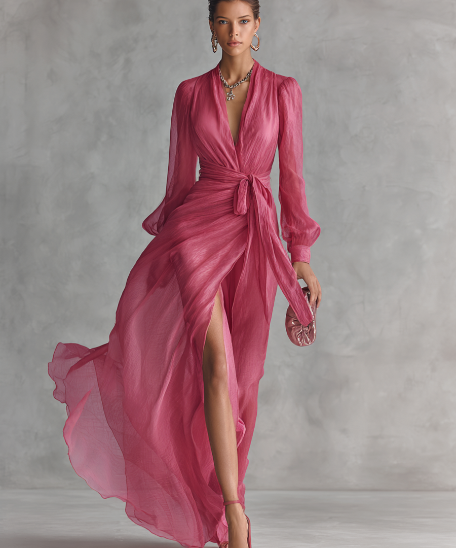 Abito in Chiffon Rosa con Scollatura a V