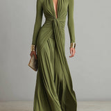 Abito Maxi in Seta Verde Oliva con Scollatura a V