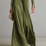 Abito Maxi in Seta Verde Oliva con Scollatura a V