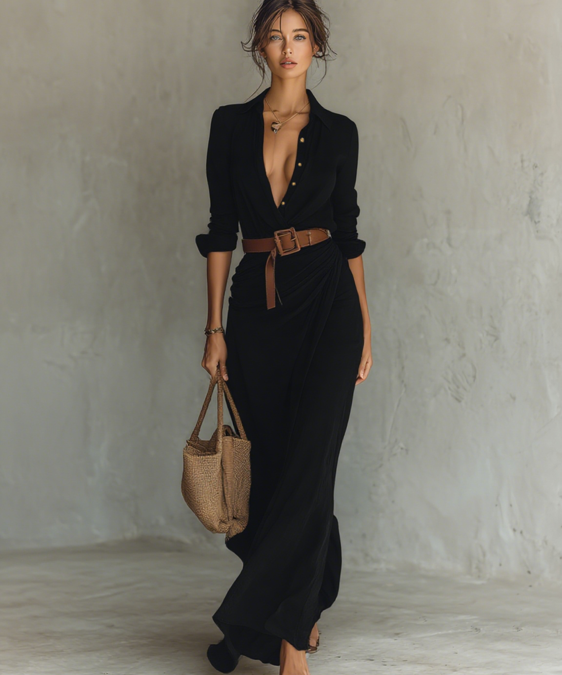 Maxi abito con colletto a revers e maniche lunghe