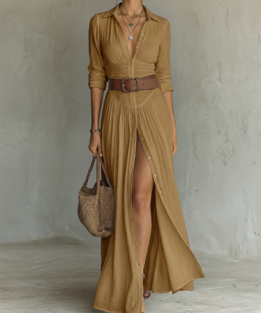 Abito Maxy in Lino con Collo Revers e Maniche Lunghe