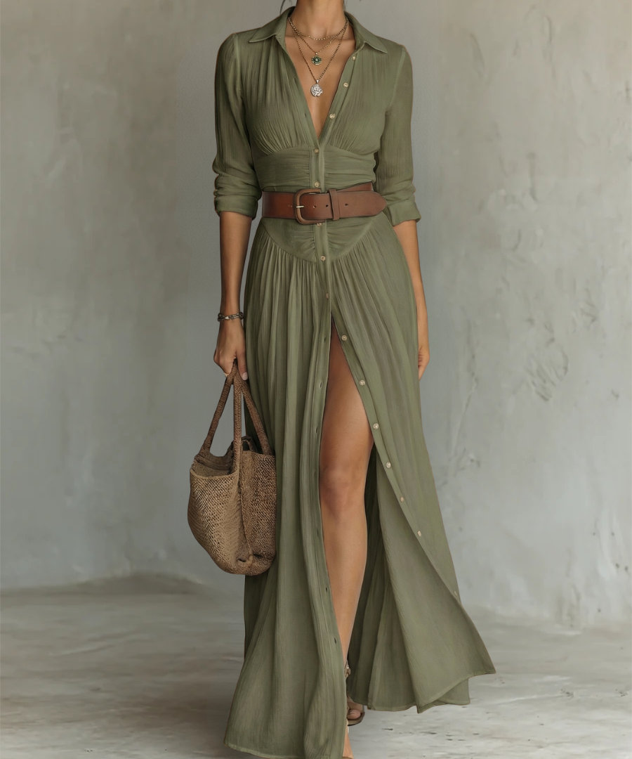 Abito Maxy in Lino con Collo Revers e Maniche Lunghe