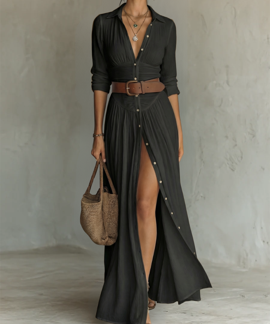 Abito Maxy in Lino con Collo Revers e Maniche Lunghe