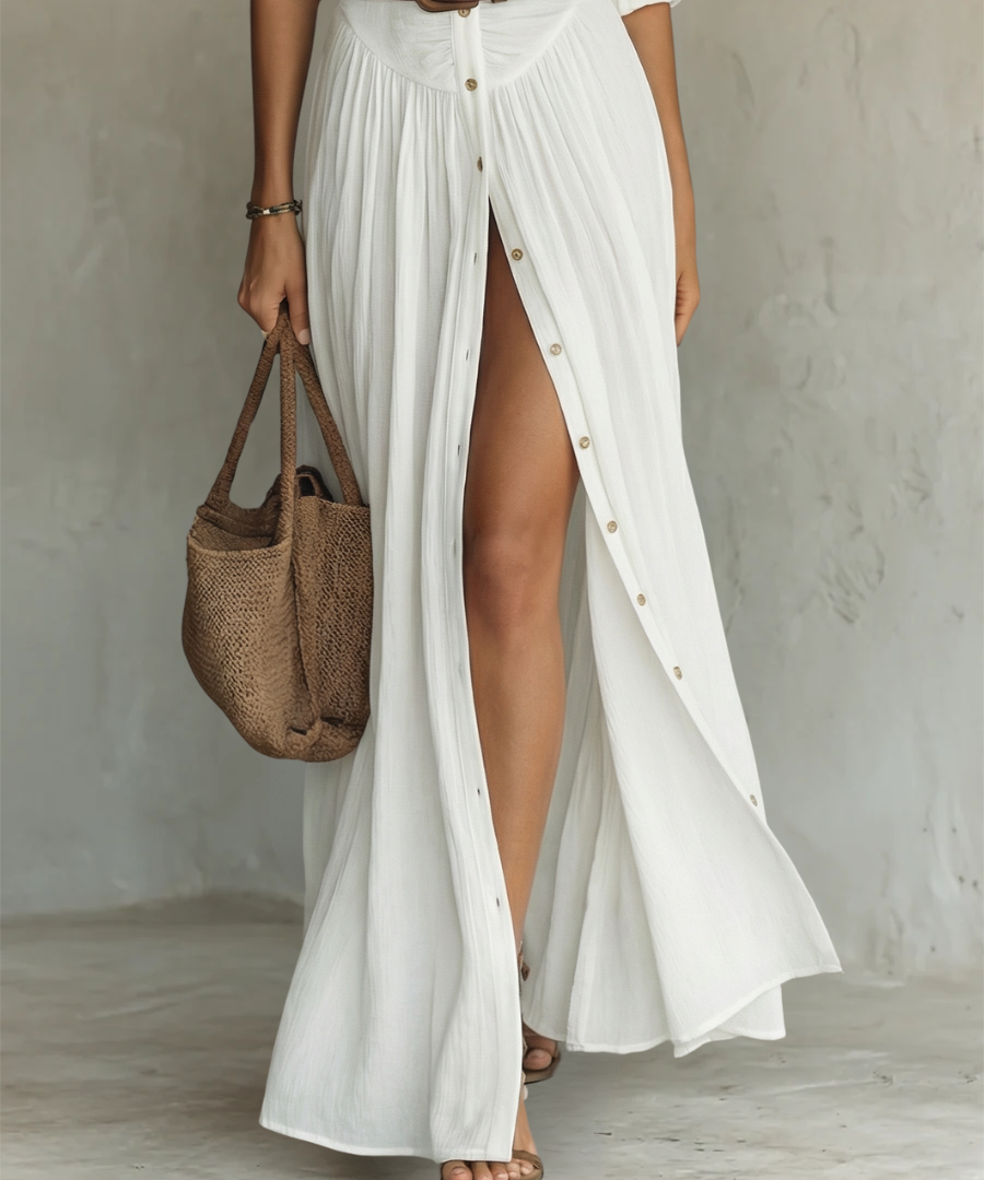 Abito Maxy in Lino con Collo Revers e Maniche Lunghe