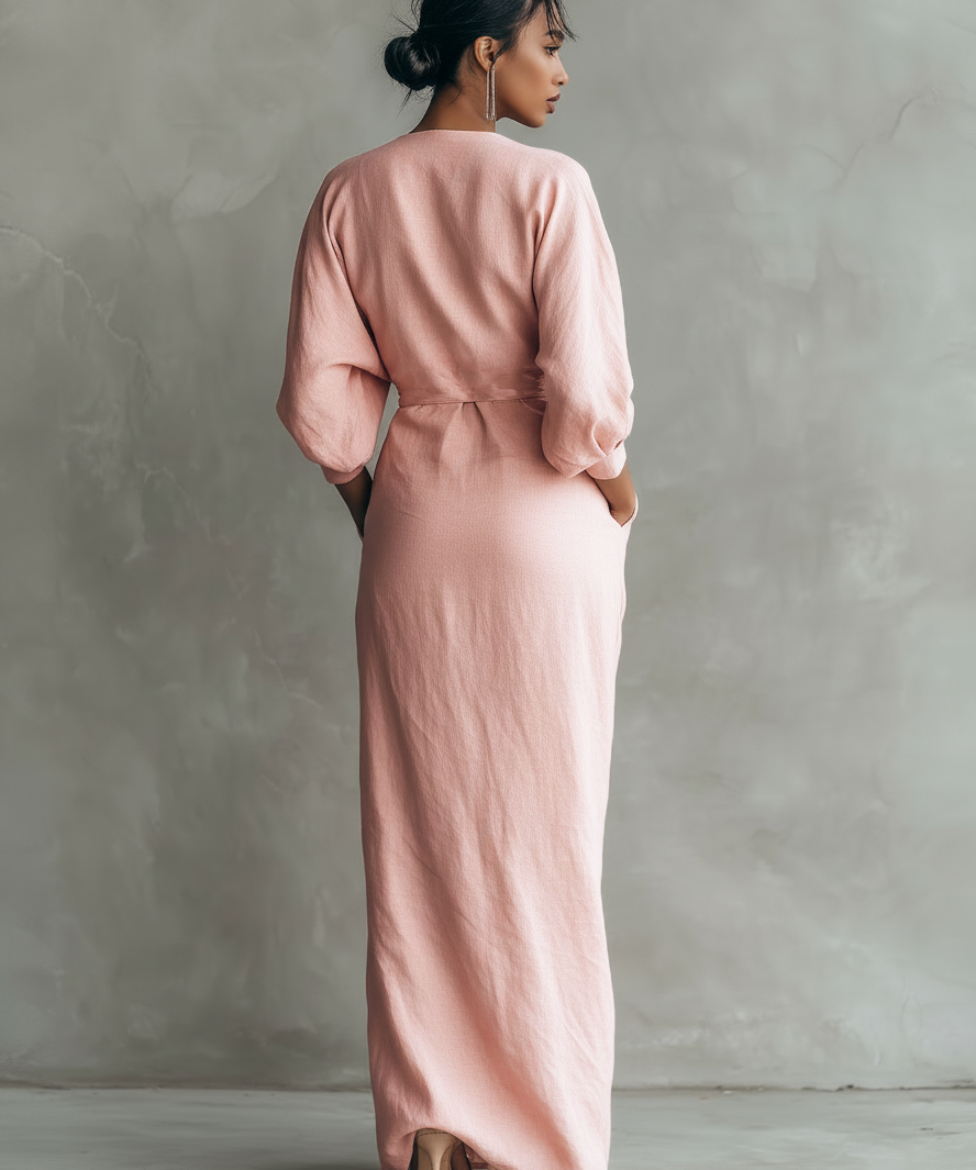 Abito Maxi in Lino Rosa con Scollatura a V