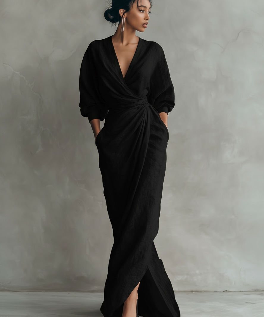 Abito Maxi in Lino Rosa con Scollatura a V
