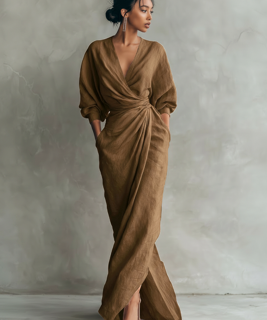 Abito Maxi in Lino Rosa con Scollatura a V