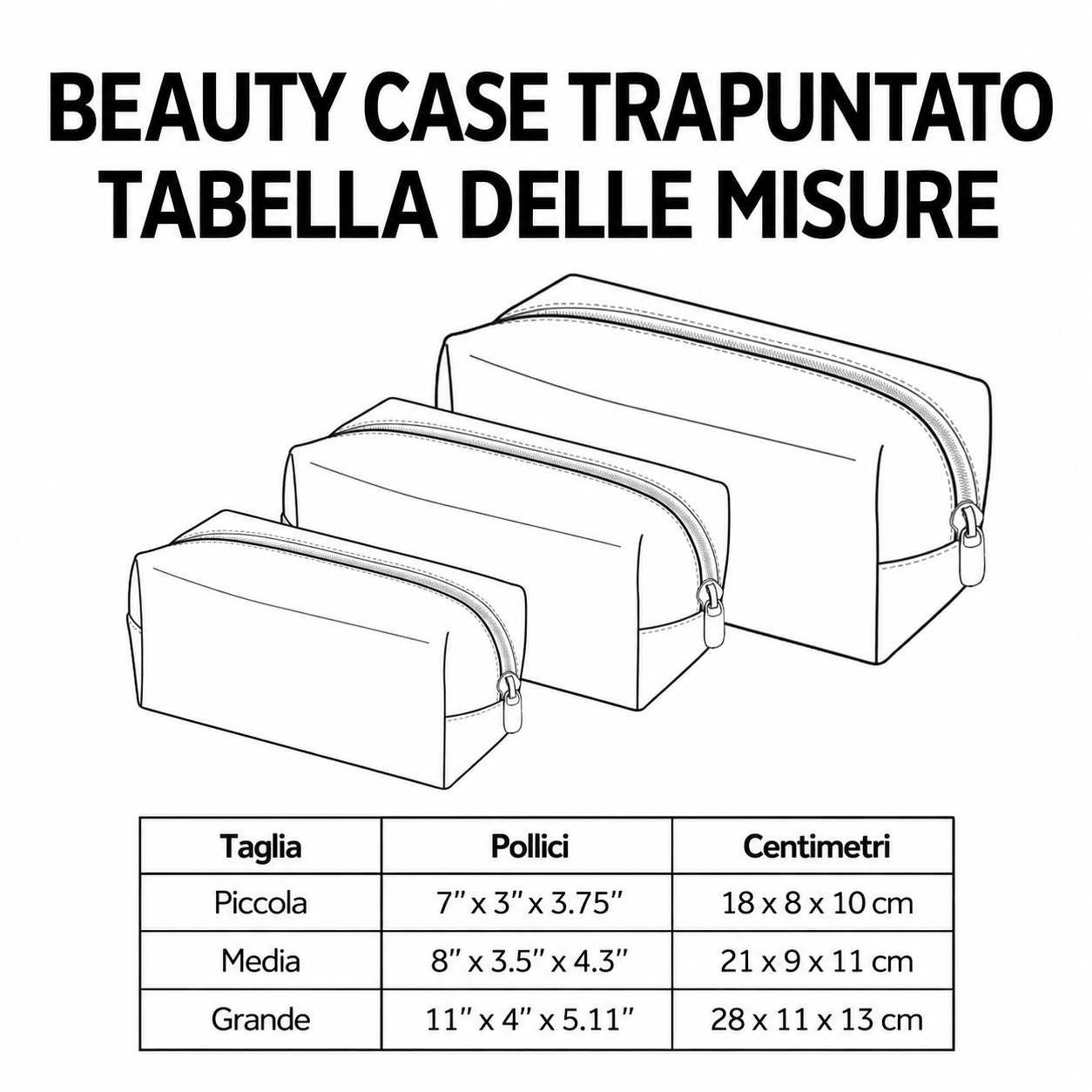 Tabella delle misure del beauty case trapuntato