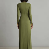 Abito Maxi in Seta Verde Oliva con Scollatura a V