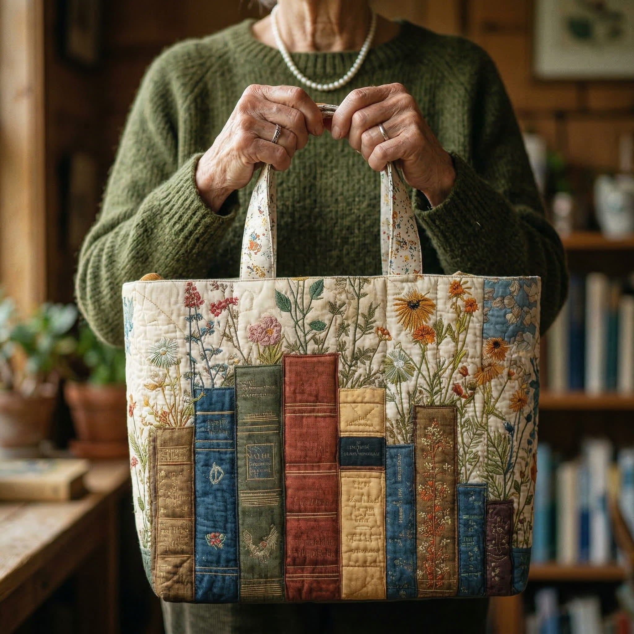 Borsa tote trapuntata Books and Blooms